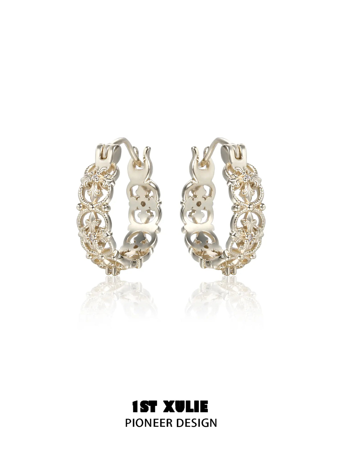 1ST XULIE "Bastet" Iris Blossom Huggie Hoop Earrings in Rhodium Plated - Product View