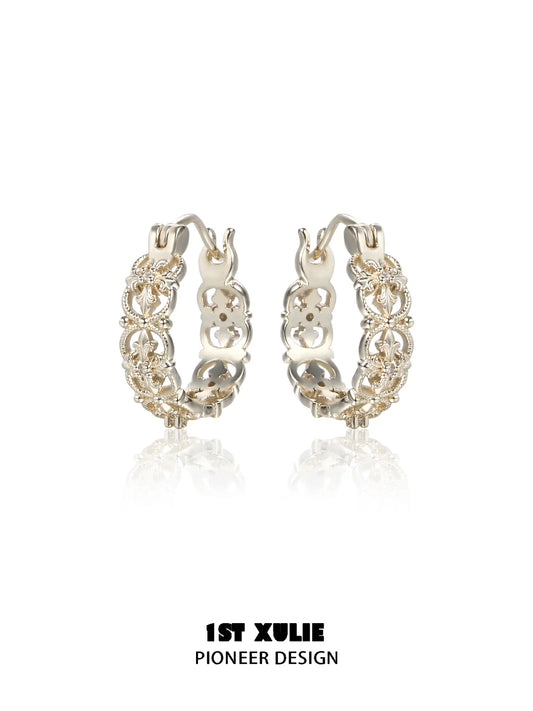 1ST XULIE "Bastet" Iris Blossom Huggie Hoop Earrings in Rhodium Plated - Product View