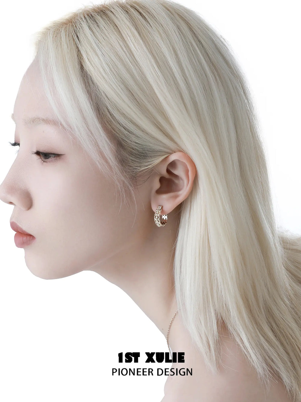 1ST XULIE "Bastet" Iris Blossom Huggie Hoop Earrings in Rhodium Plated - On Model