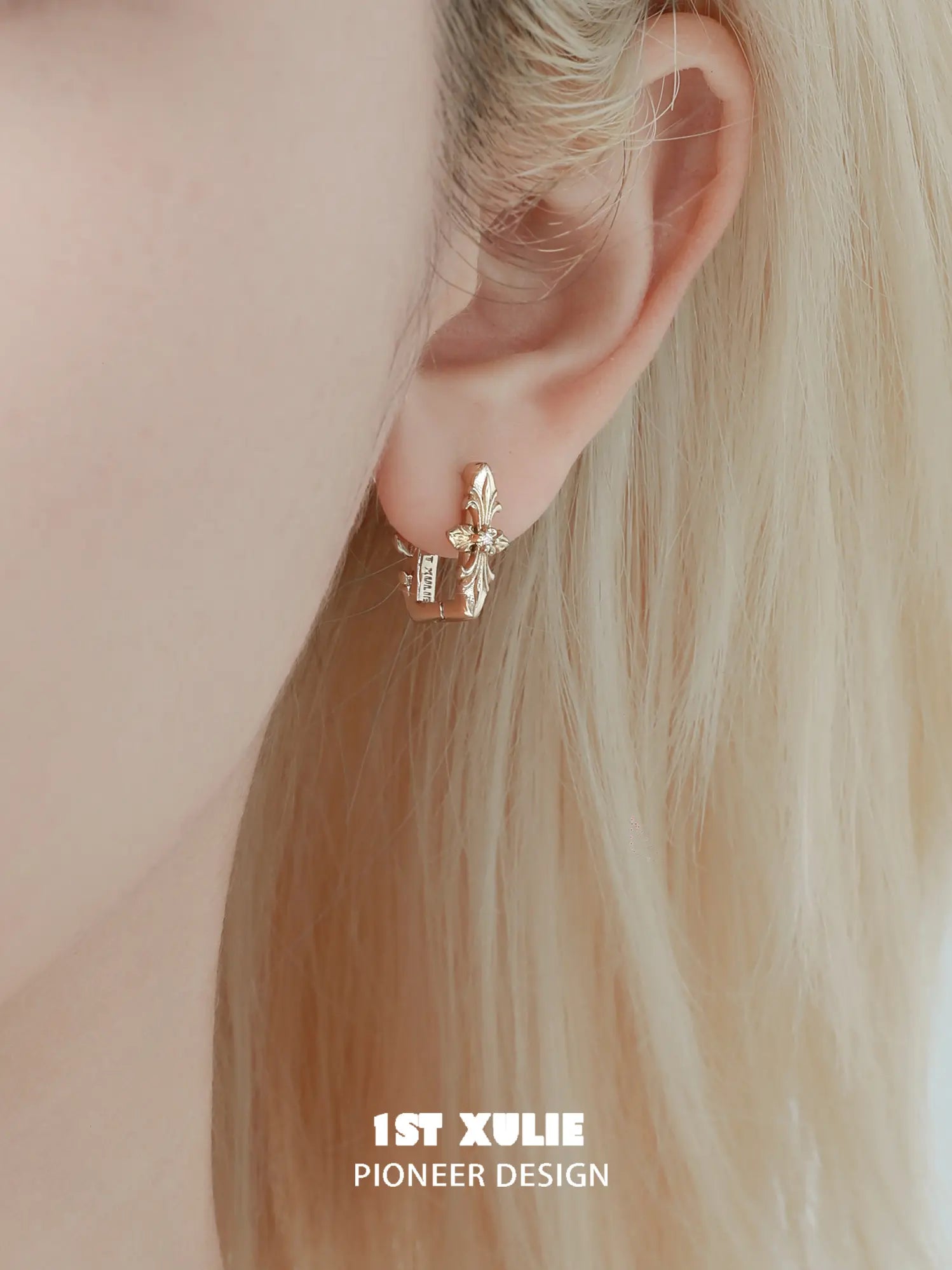 1ST XULIE Jewelry "Bastet" Iris Dangle Huggie Hoop Earrings in Platinum Plated - Angle 1