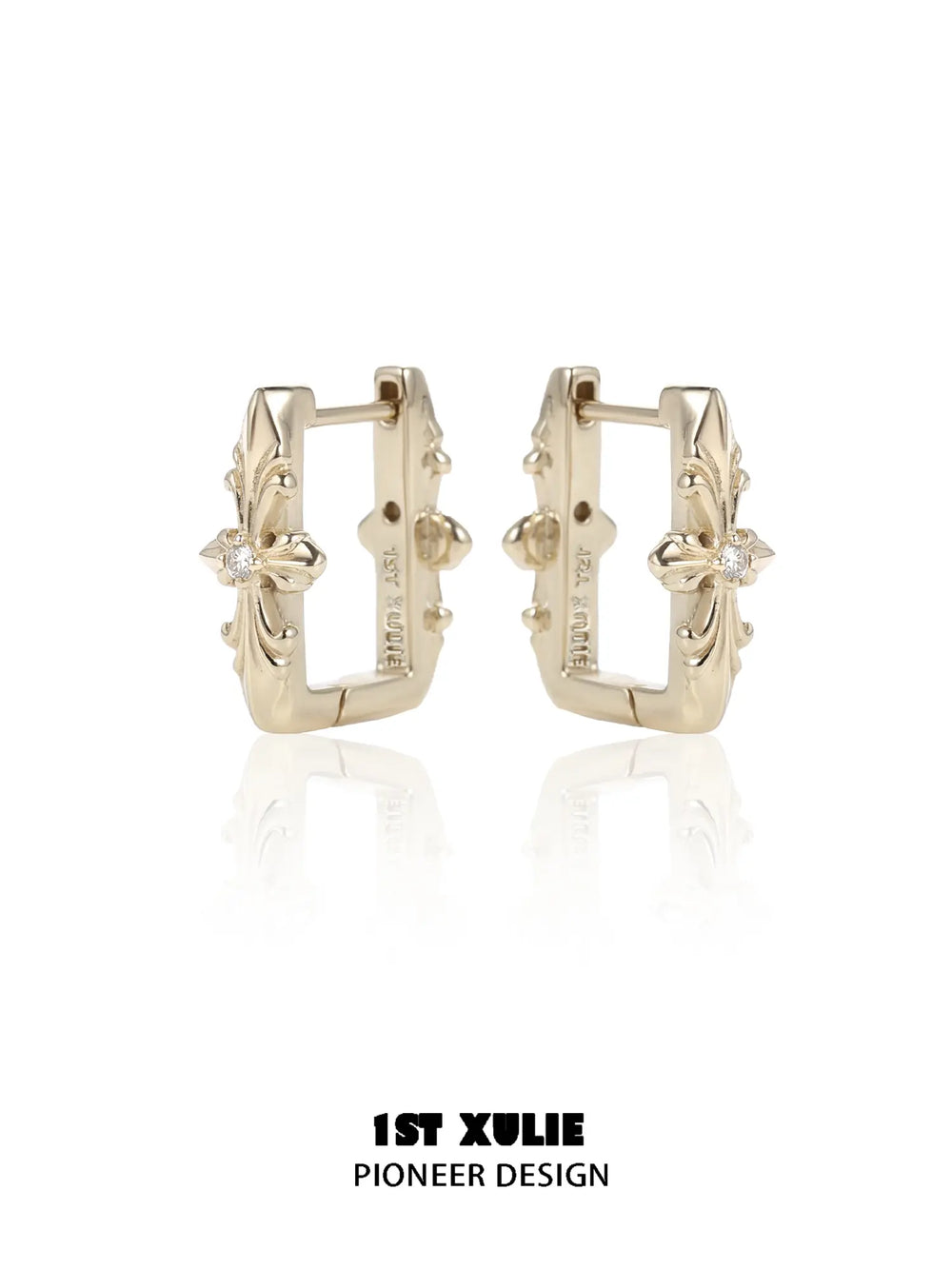 1ST XULIE Jewelry "Bastet" Iris Dangle Huggie Hoop Earrings in Platinum Plated - Angle 2