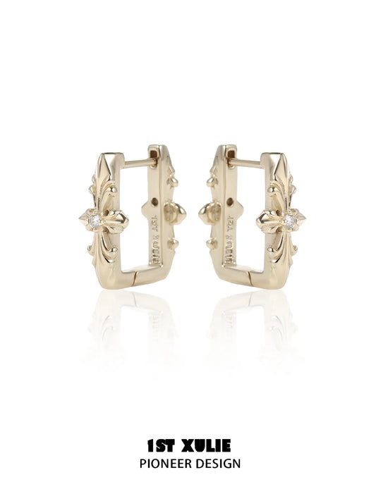 1ST XULIE Jewelry "Bastet" Iris Dangle Huggie Hoop Earrings in Platinum Plated - Angle 2