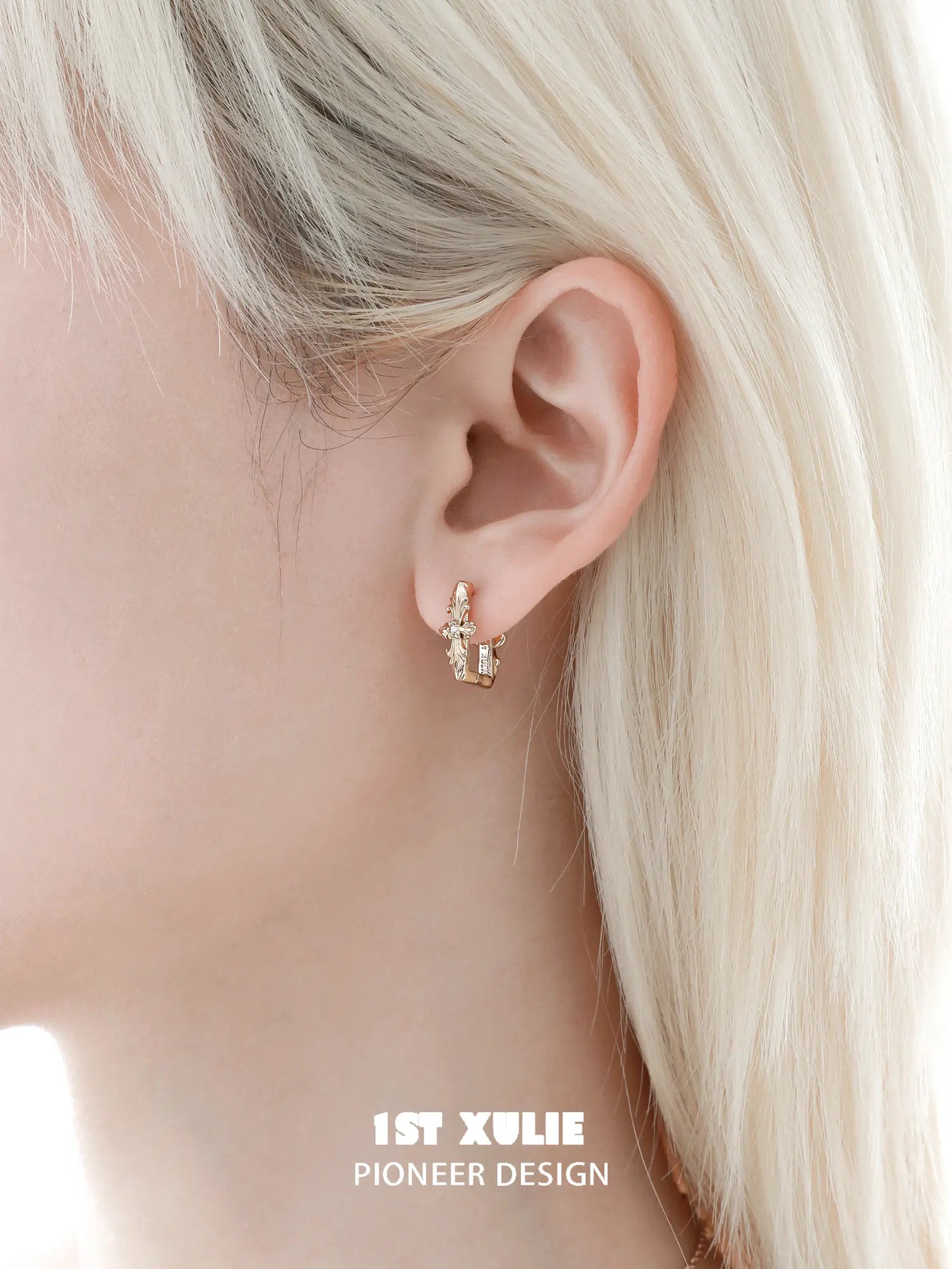 1ST XULIE Jewelry "Bastet" Iris Dangle Huggie Hoop Earrings in Platinum Plated - Product View