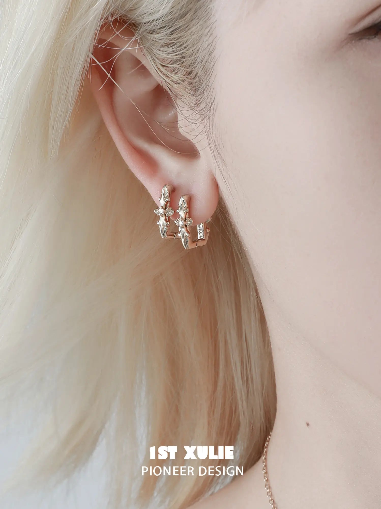 1ST XULIE Jewelry "Bastet" Iris Dangle Huggie Hoop Earrings in Platinum Plated - Side View