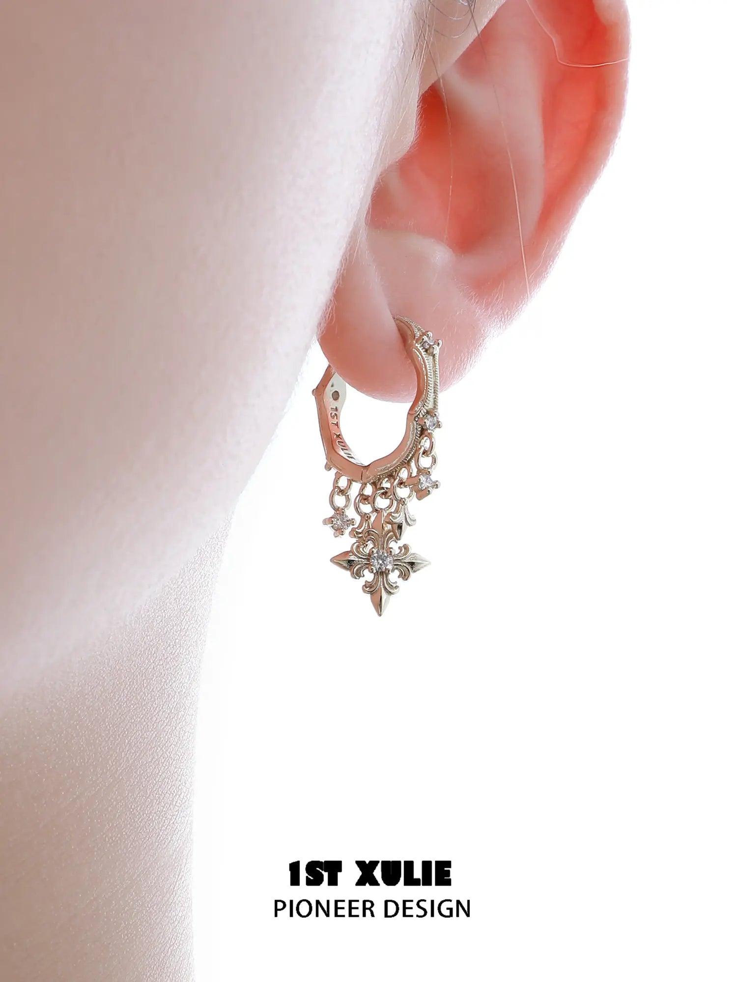 1ST XULIE Jewelry "Bastet" Iris Fringe Drop Dangle Hoop Earrings - On Model Close Up