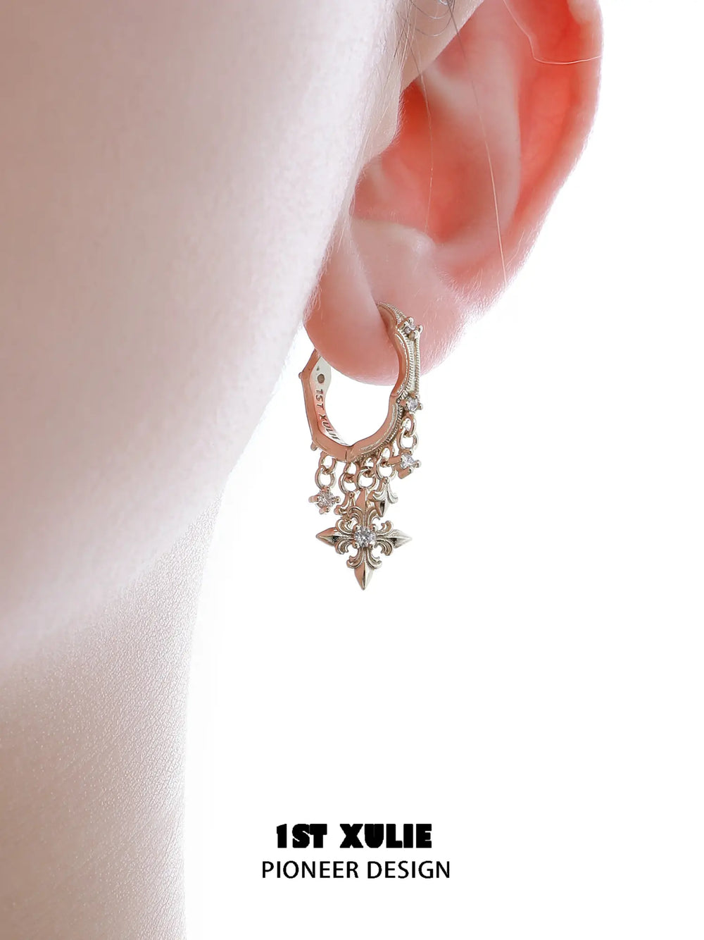 1ST XULIE Jewelry "Bastet" Iris Fringe Drop Dangle Hoop Earrings - On Model Close Up