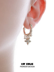 1ST XULIE Jewelry "Bastet" Iris Fringe Drop Dangle Hoop Earrings - On Model Close Up