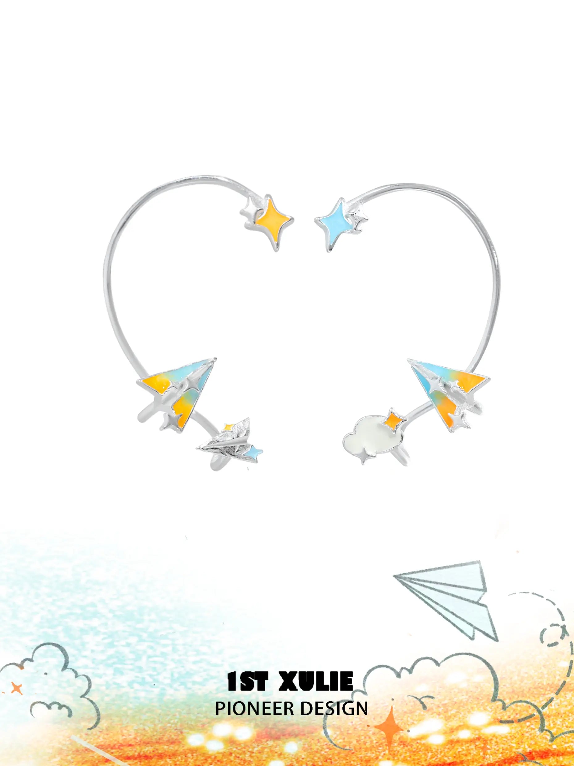 1ST XULIE Juicy Flight: Paper Airplane Star Ear Cuffs with Hand-Painted Enamel - Product View