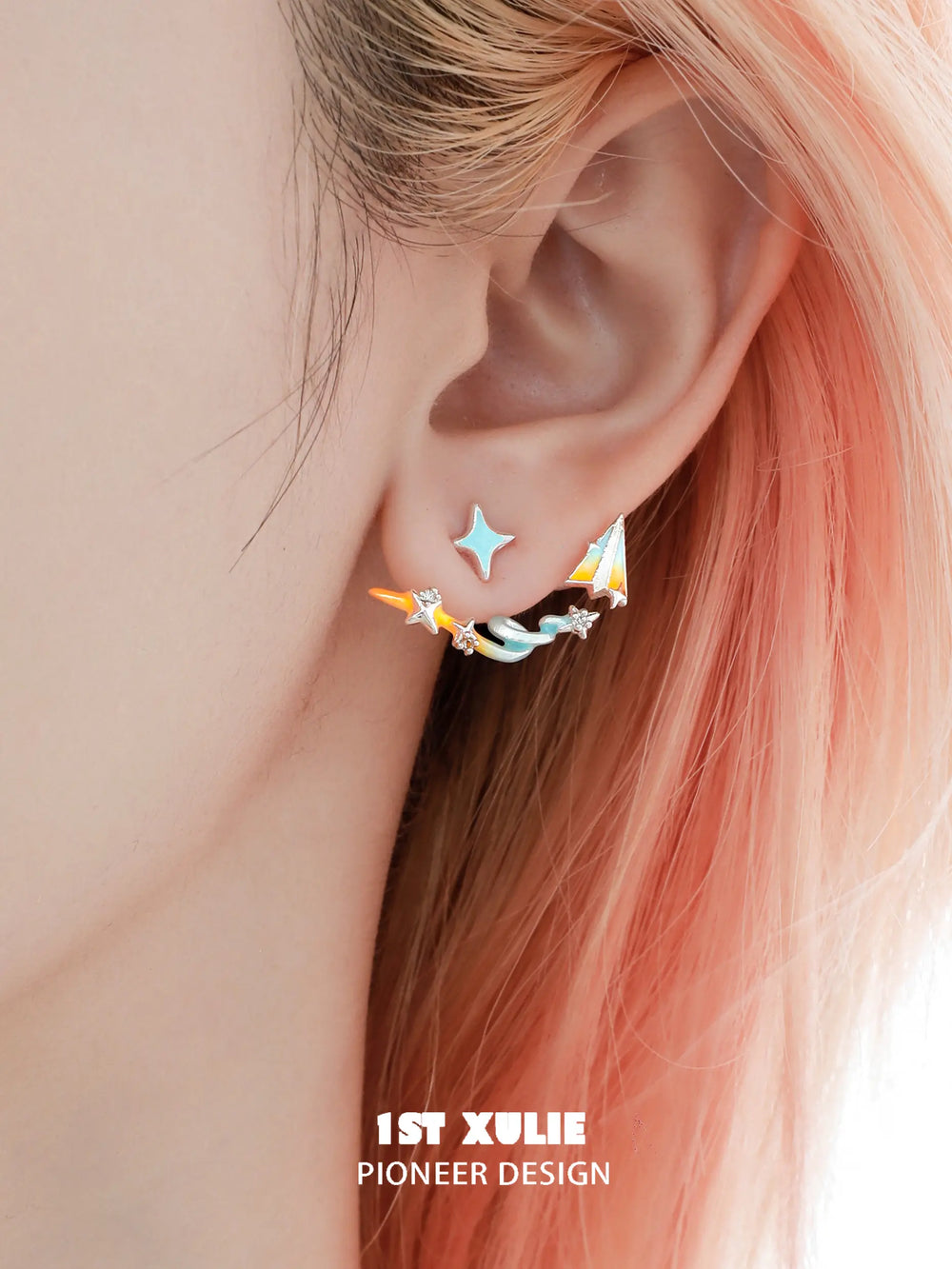 1ST XULIE Juicy Flight: Paper Airplane Star Earrings with Enamel Accents - On Model