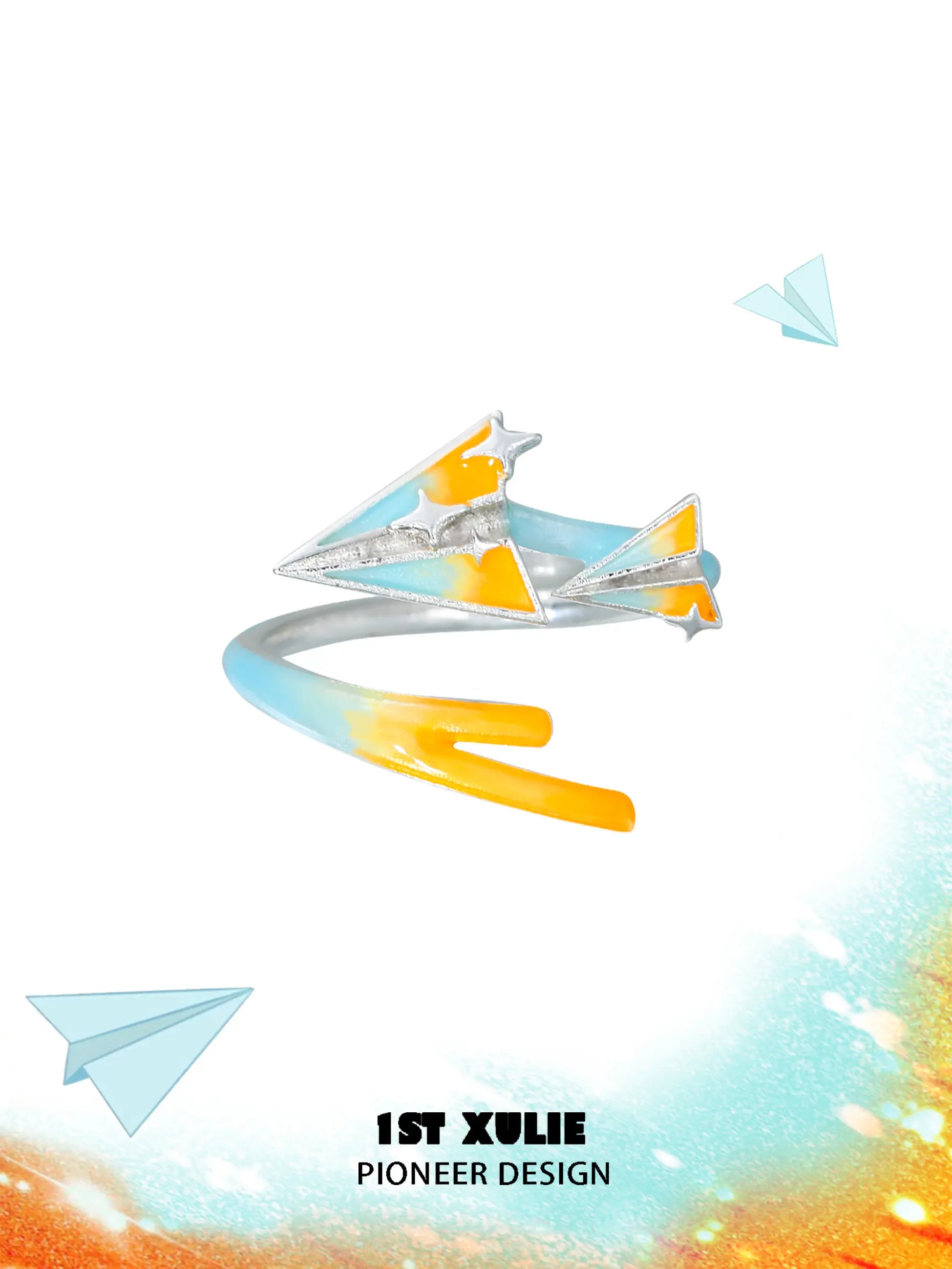 1ST XULIE Juicy Flight: Paper Airplane Wrap Ring in 925 Silver with Enamel - Product View