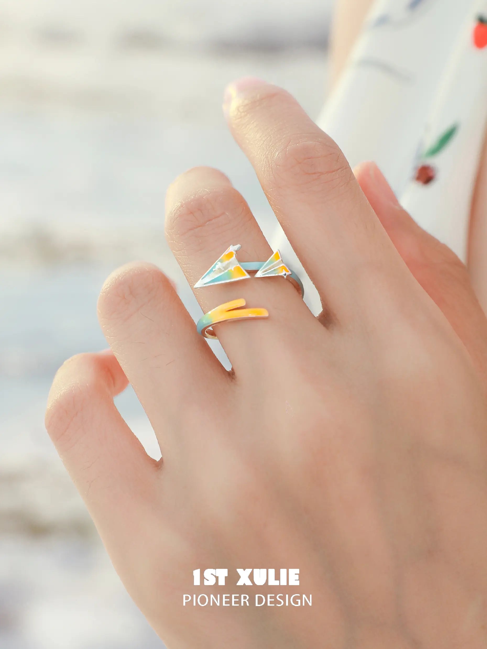 1ST XULIE Juicy Flight: Paper Airplane Wrap Ring with Hand-Painted Enamel - On Model