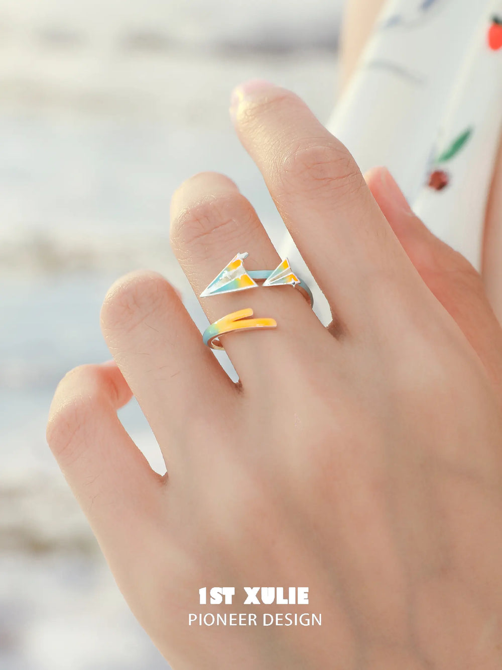 1ST XULIE Juicy Flight: Paper Airplane Wrap Ring with Hand-Painted Enamel - On Model