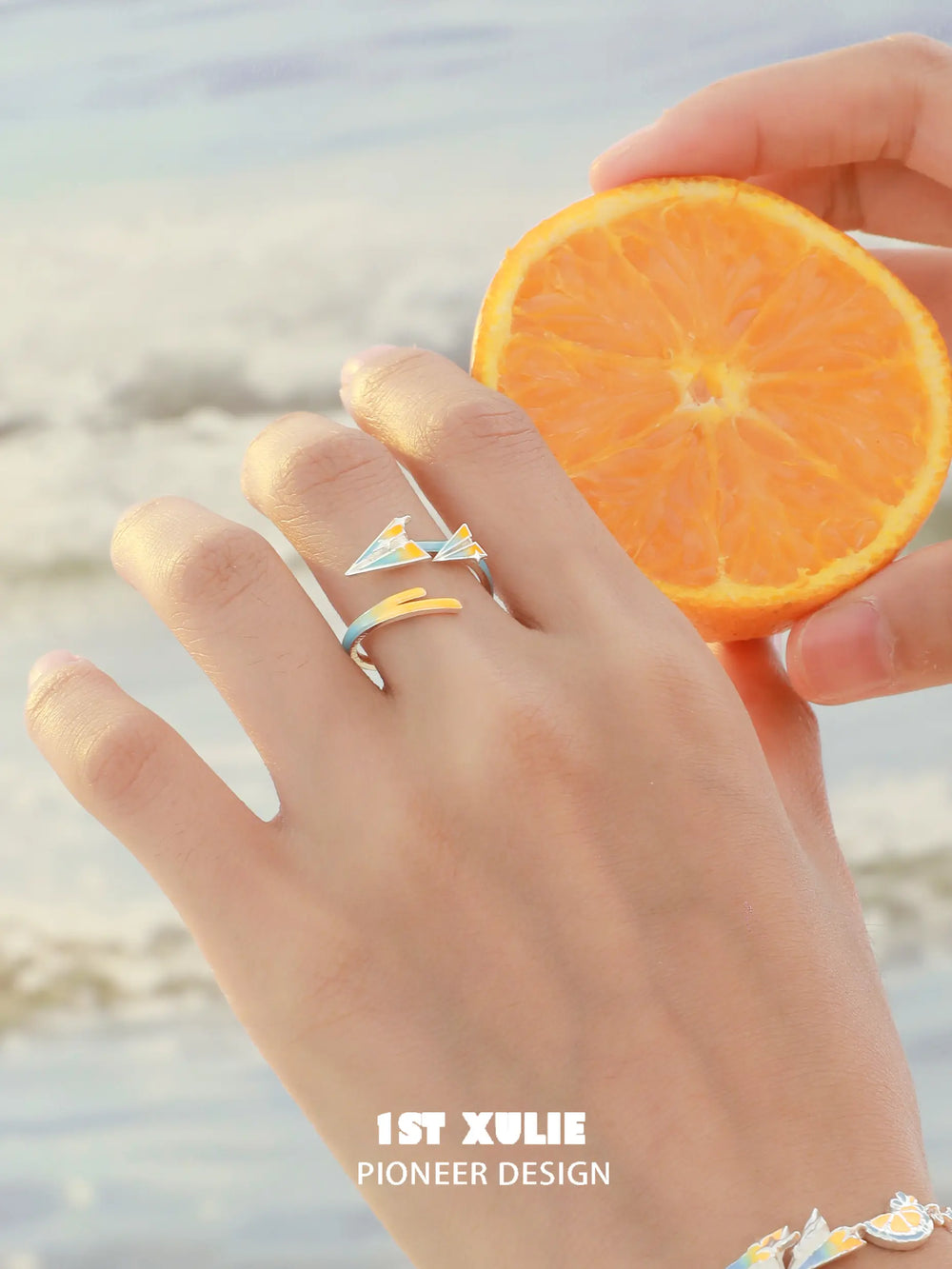 1ST XULIE Juicy Flight: Paper Airplane Wrap Ring with Hand-Painted Enamel - On Model