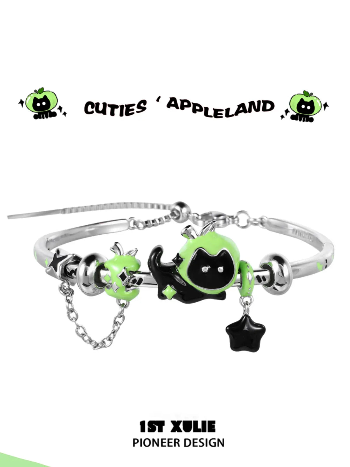 1ST XULIE "Cuties' Appleland" Playful Kitten & Puppy Apple Statement Charm Bracelet in Platinum Plated - Side View