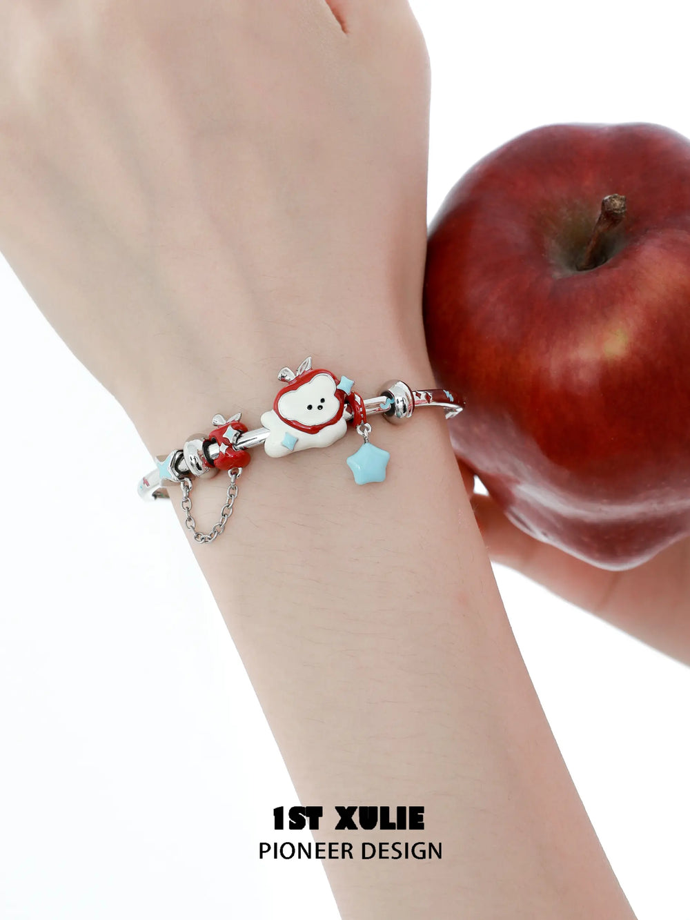 1ST XULIE "Cuties' Appleland" Playful Kitten & Puppy Apple Statement Charm Bracelet in Platinum Plated - Clasp Detail View