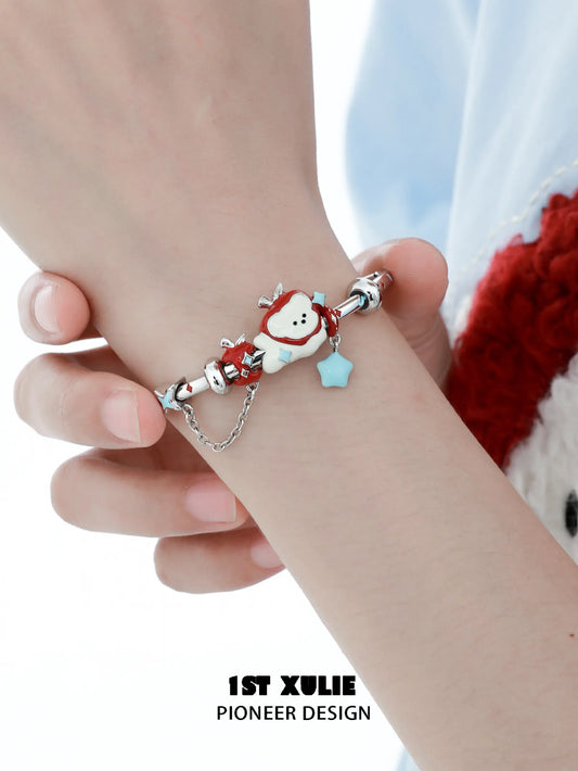 1ST XULIE "Cuties' Appleland" Playful Kitten & Puppy Apple Statement Charm Bracelet in Platinum Plated - Detail Shot