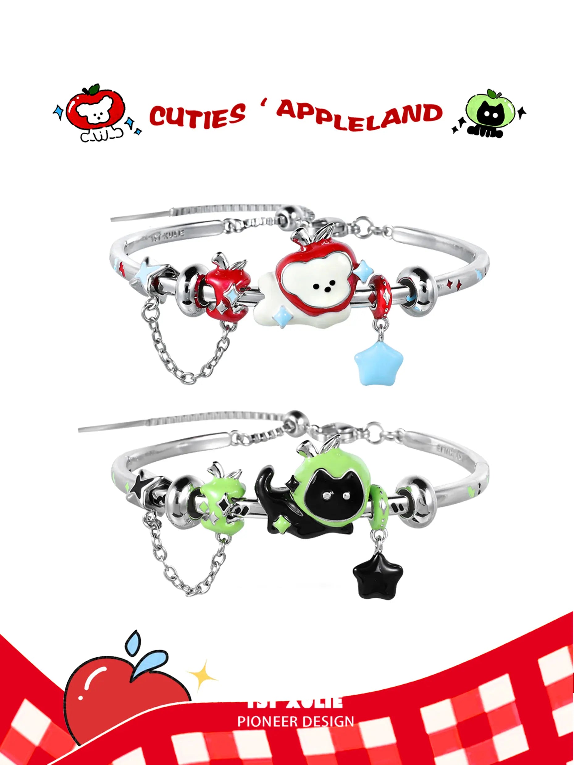 1ST XULIE "Cuties' Appleland" Playful Kitten & Puppy Apple Statement Charm Bracelet in Platinum Plated - On Model