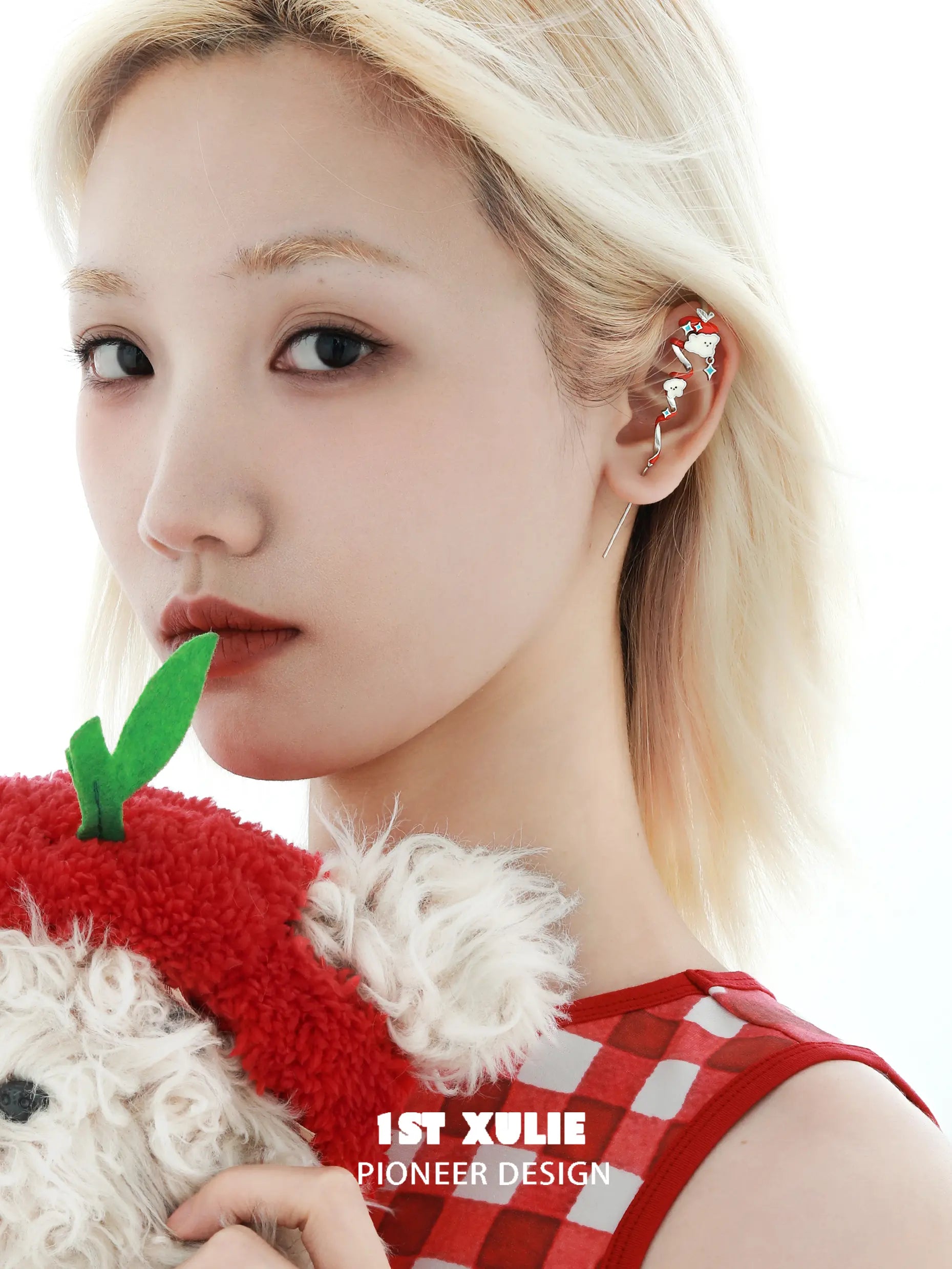 1ST XULIE "Cuties' Appleland" Whimsical Kitten & Puppy Apple Statement Dangle Needle Piercing Earrings in Platinum Plated - Back View