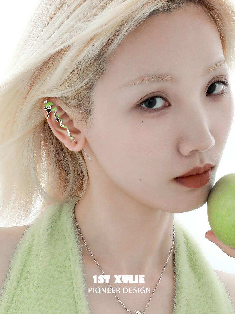 1ST XULIE "Cuties' Appleland" Whimsical Kitten & Puppy Apple Statement Dangle Needle Piercing Earrings in Platinum Plated - Detail Shot