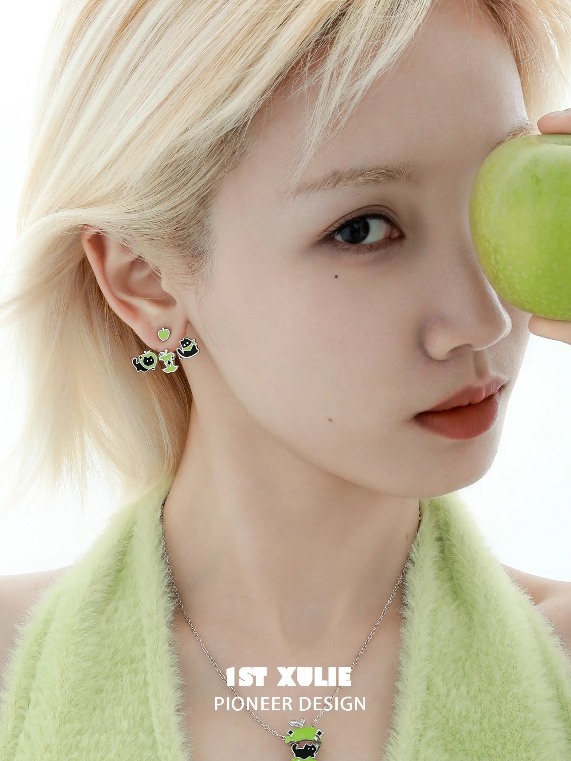 1ST XULIE "Cuties' Appleland" Whimsical Kitten & Puppy Apple Statement Dangle Needle Piercing Earrings in Platinum Plated - Lifestyle Shot
