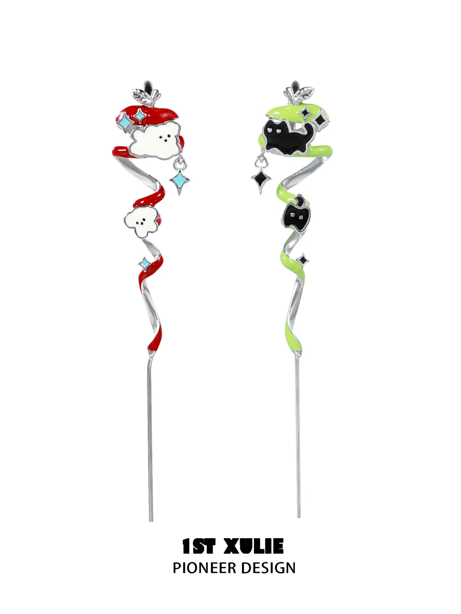 1ST XULIE "Cuties' Appleland" Whimsical Kitten & Puppy Apple Statement Dangle Needle Piercing Earrings in Platinum Plated - On Model Close-Up