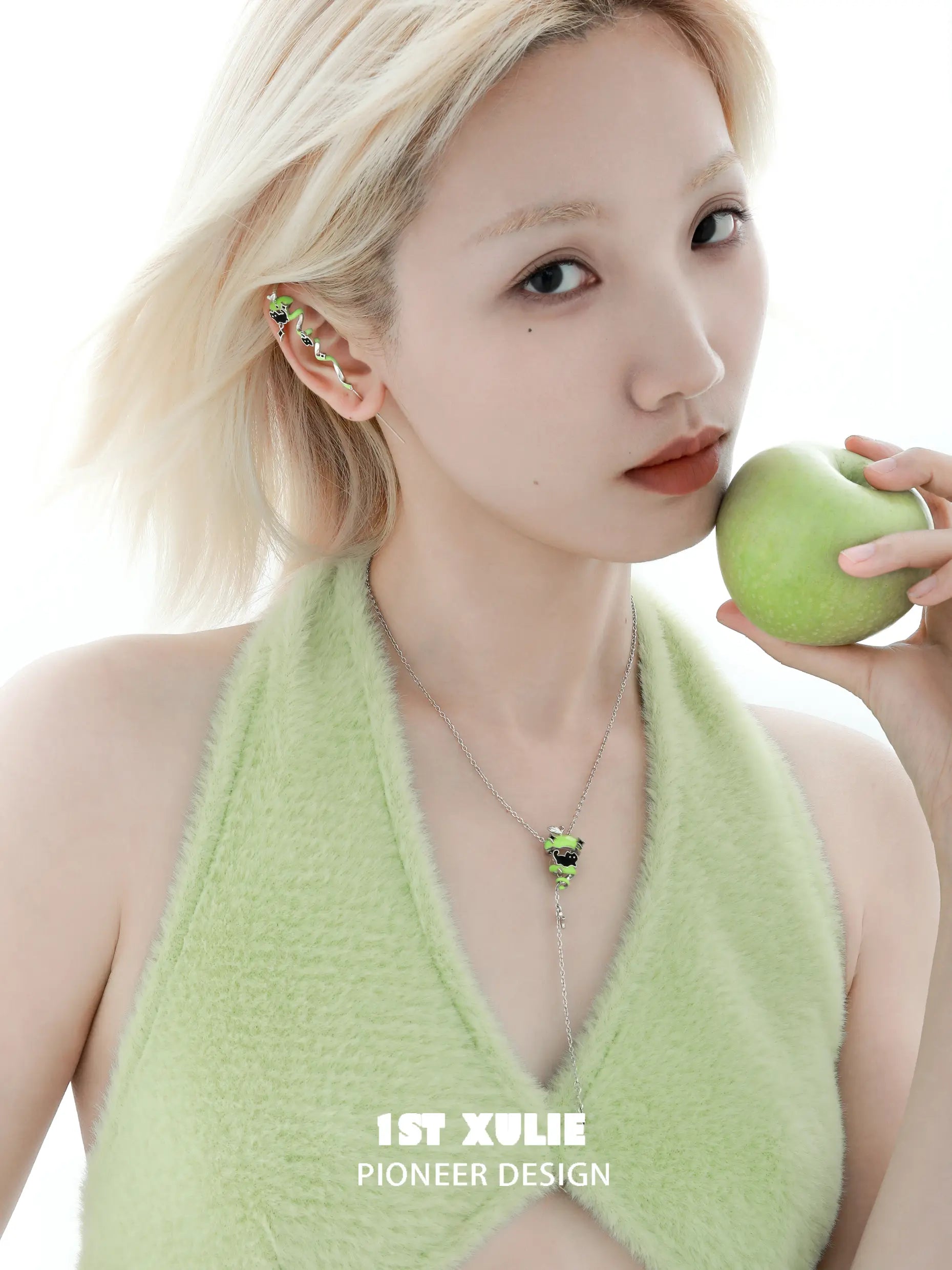 1ST XULIE "Cuties' Appleland" Whimsical Kitten & Puppy Apple Statement Dangle Needle Piercing Earrings in Platinum Plated - Side View