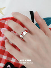 1ST XULIE "Cuties' Appleland" Cute Kitten & Puppy Apple Slice Open Ring in 925 Sterling Silver - Detail Shot