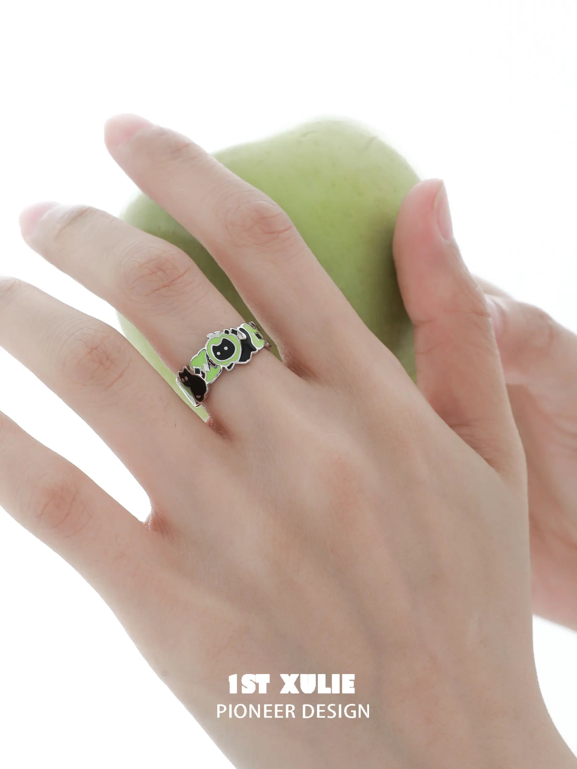 1ST XULIE "Cuties' Appleland" Cute Kitten & Puppy Apple Slice Open Ring in 925 Sterling Silver - Lifestyle Shot