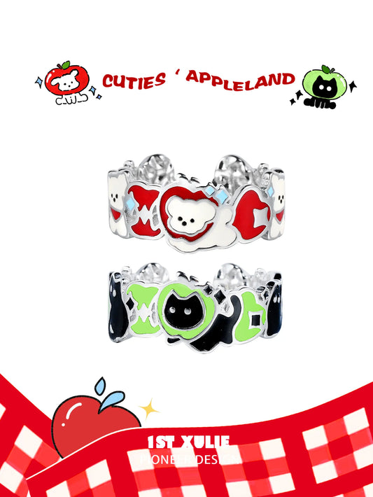 1ST XULIE "Cuties' Appleland" Cute Kitten & Puppy Apple Slice Open Ring in 925 Sterling Silver - Product View