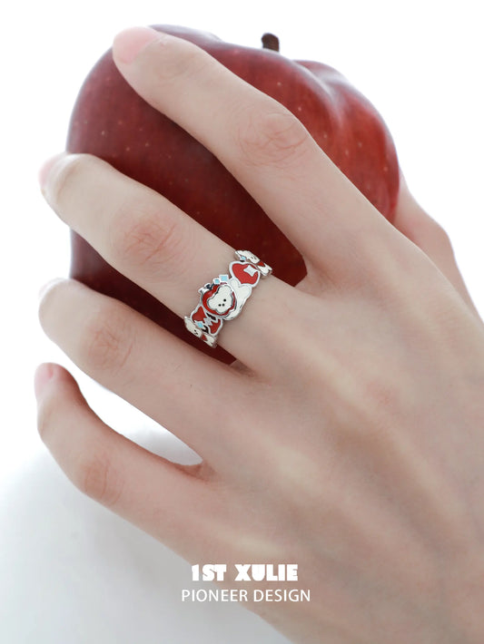 1ST XULIE "Cuties' Appleland" Cute Kitten & Puppy Apple Slice Open Ring in 925 Sterling Silver - On Model