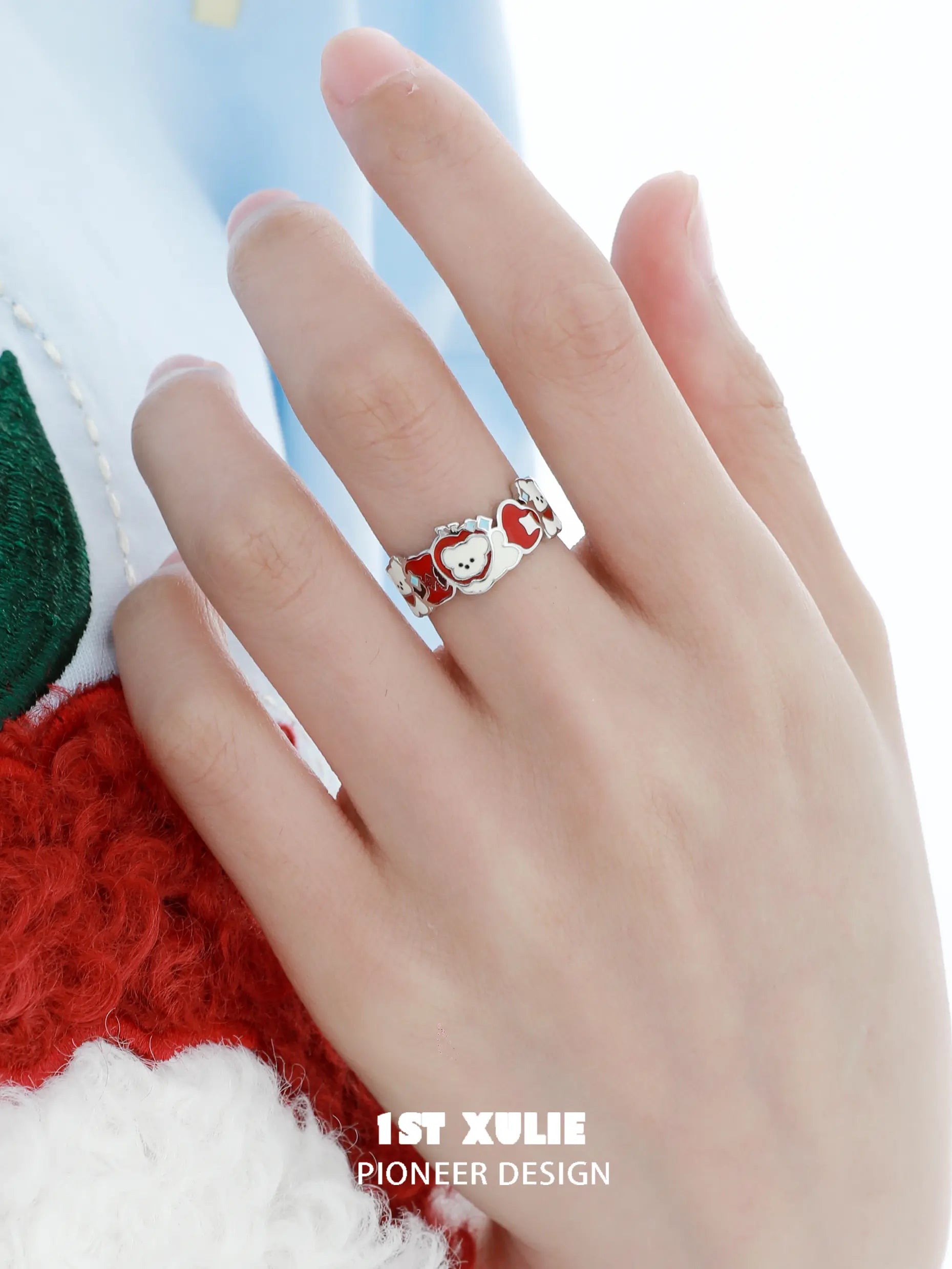 1ST XULIE "Cuties' Appleland" Cute Kitten & Puppy Apple Slice Open Ring in 925 Sterling Silver - On Model Close-Up