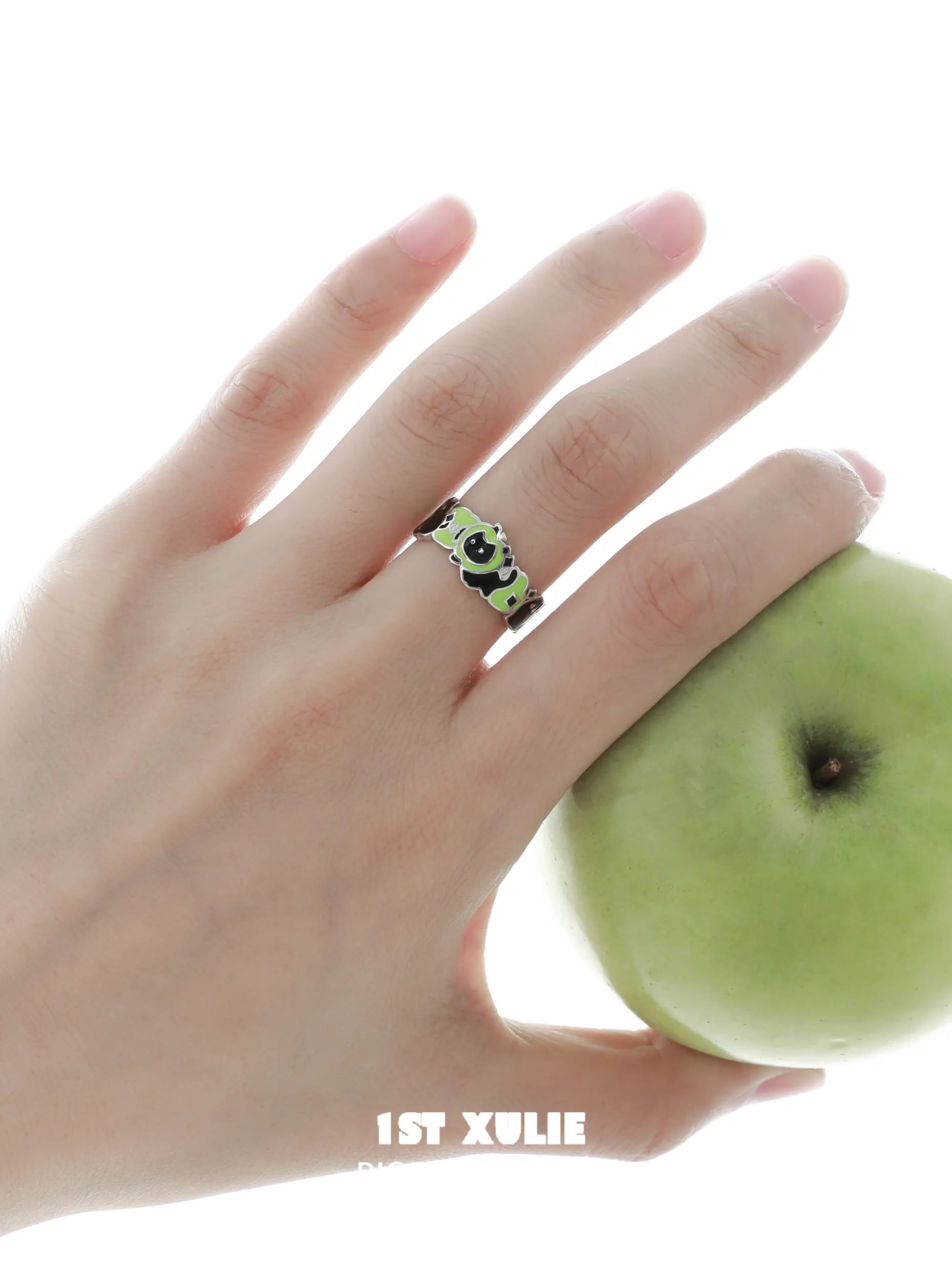 1ST XULIE "Cuties' Appleland" Cute Kitten & Puppy Apple Slice Open Ring in 925 Sterling Silver - Product View