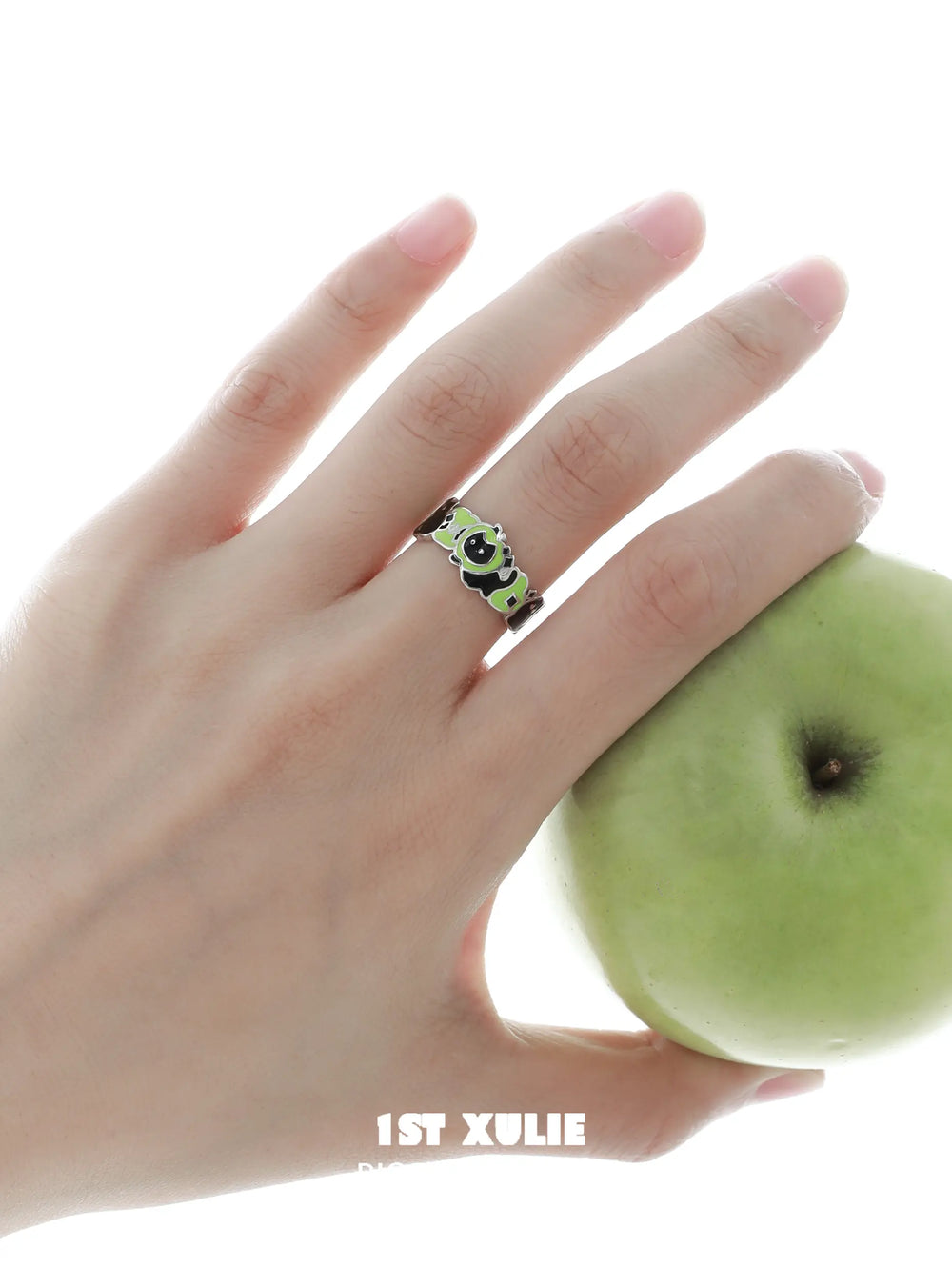 1ST XULIE "Cuties' Appleland" Cute Kitten & Puppy Apple Slice Open Ring in 925 Sterling Silver - Product View