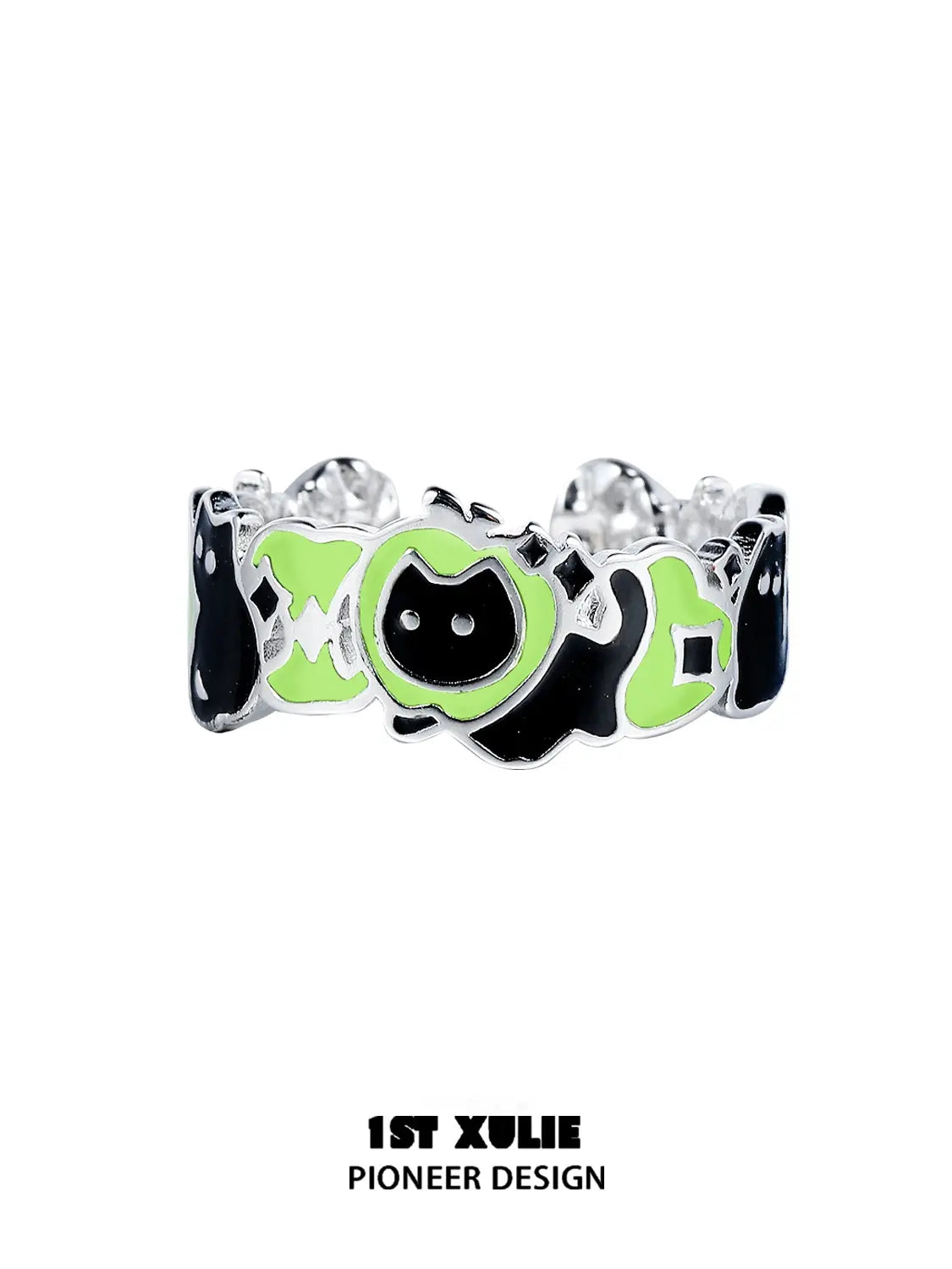 1ST XULIE "Cuties' Appleland" Cute Kitten & Puppy Apple Slice Open Ring in 925 Sterling Silver - Side View
