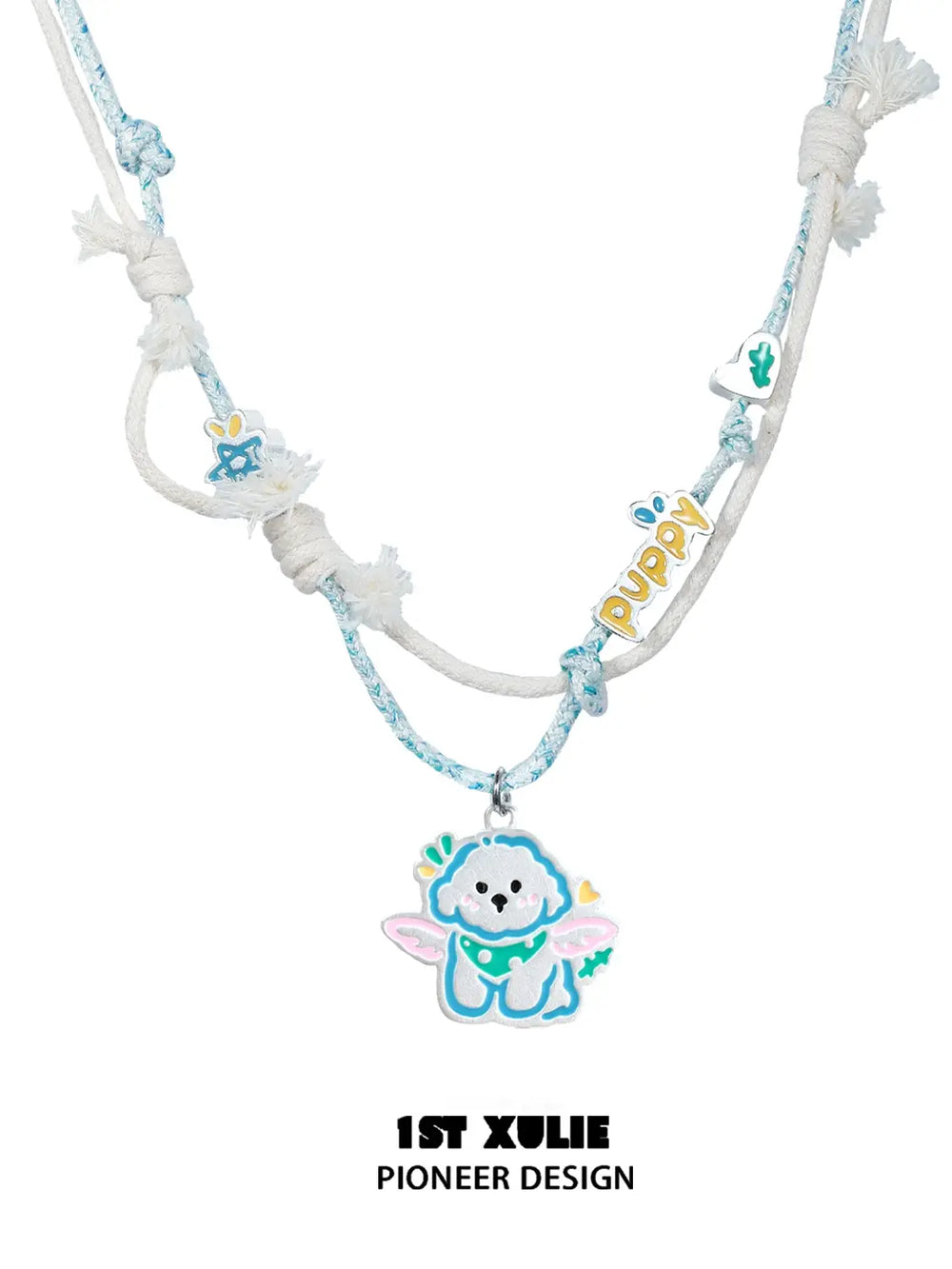 1ST XULIE "Angel Cuties" Kitten & Puppy Hand-Painted Necklace in Platinum Plated & Resin - Angle View