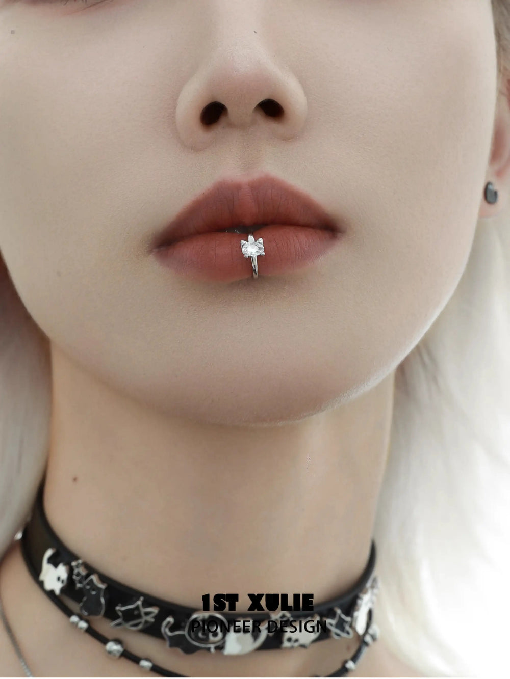 1ST XULIE "Silver Angel" Playful Kitty Lipstick Cartilage Huggie Hoop Earrings in 925 Sterling Silver - Product View