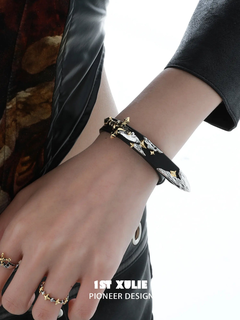 1ST XULIE Jewelry "Knight's Oath" Knight Sword Buckle Bracelet in 18K Gold Plated Brass and Microfiber Leather - Angle 1