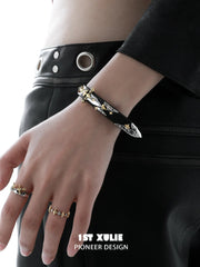 1ST XULIE Jewelry "Knight's Oath" Knight Sword Buckle Bracelet in 18K Gold Plated Brass and Microfiber Leather - Angle 2