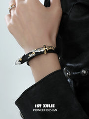 1ST XULIE Jewelry "Knight's Oath" Knight Sword Buckle Bracelet in 18K Gold Plated Brass and Microfiber Leather - Back View