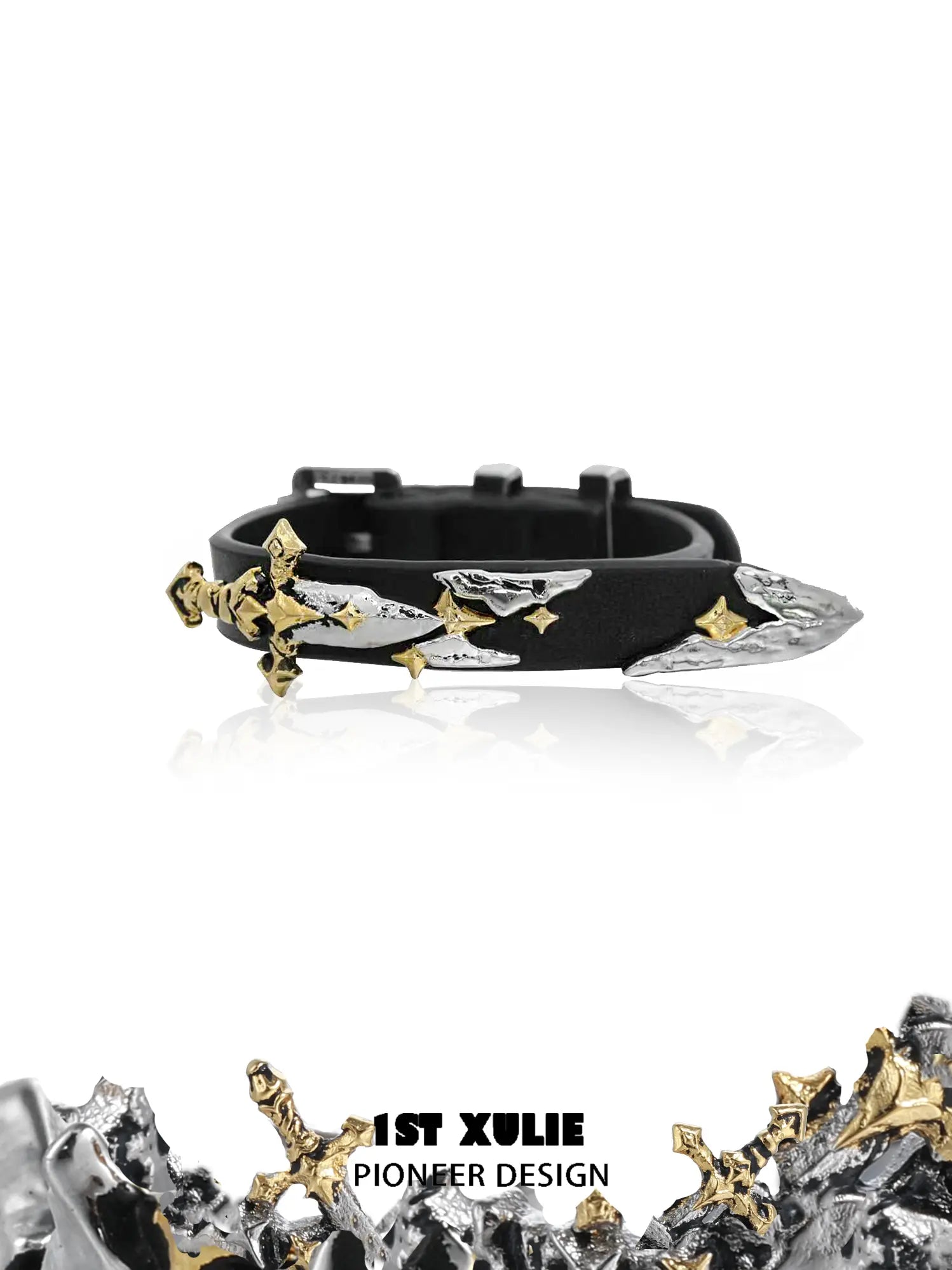 1ST XULIE Jewelry "Knight's Oath" Knight Sword Buckle Bracelet in 18K Gold Plated Brass and Microfiber Leather - Product View