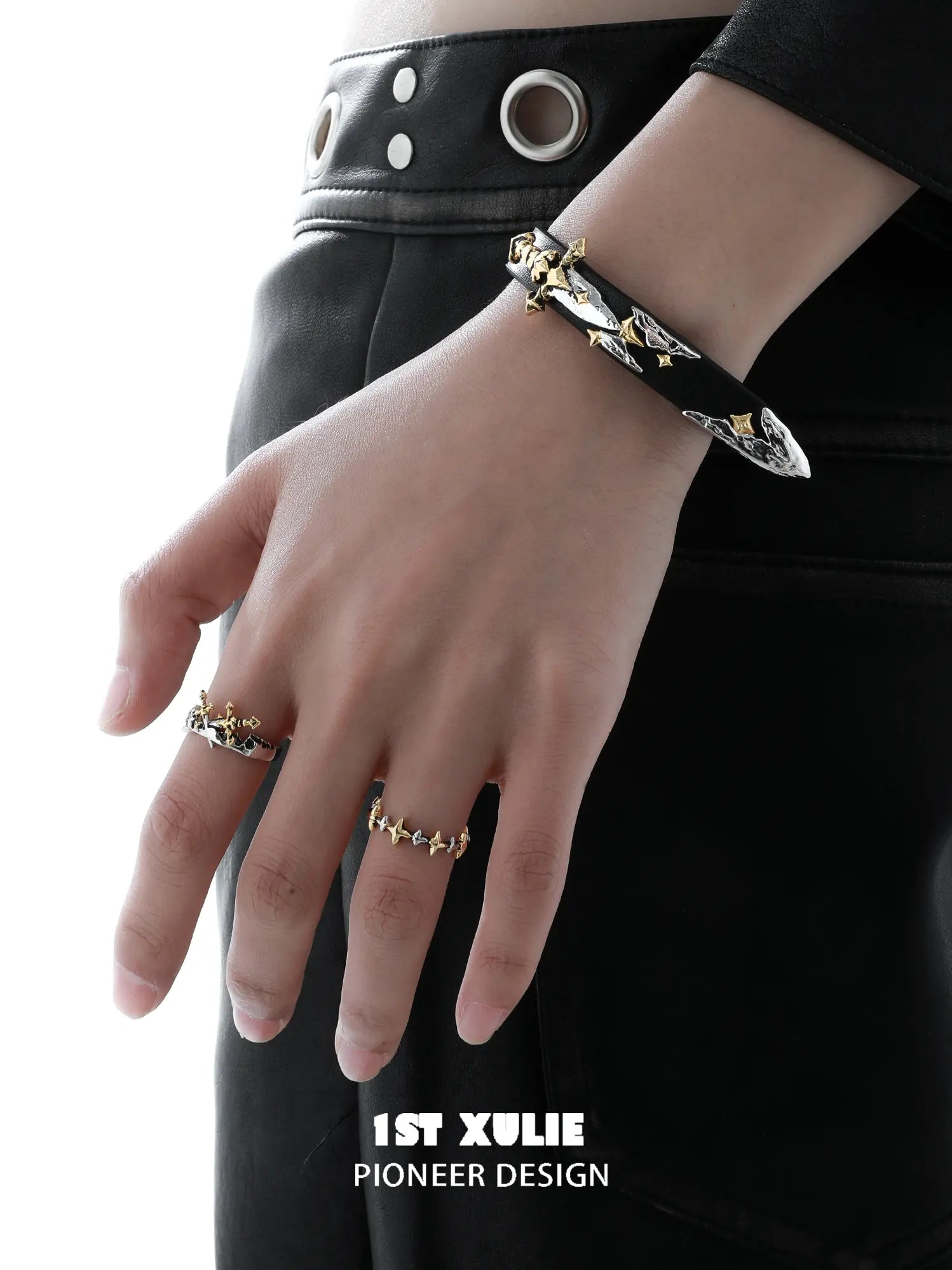1ST XULIE Jewelry "Knight's Oath" Knight Sword Buckle Bracelet in 18K Gold Plated Brass and Microfiber Leather - On Model