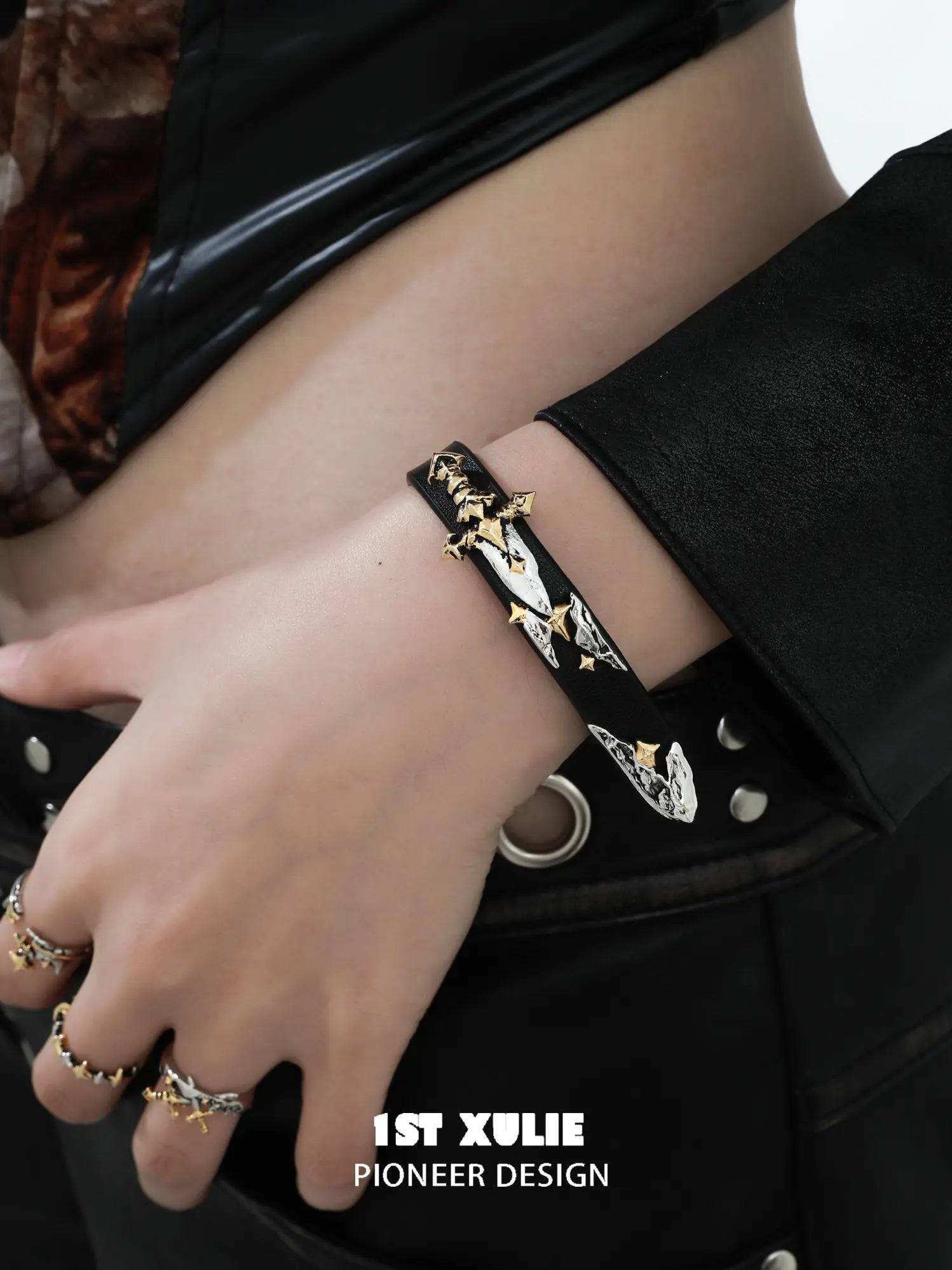 1ST XULIE Jewelry "Knight's Oath" Knight Sword Buckle Bracelet in 18K Gold Plated Brass and Microfiber Leather - Side View