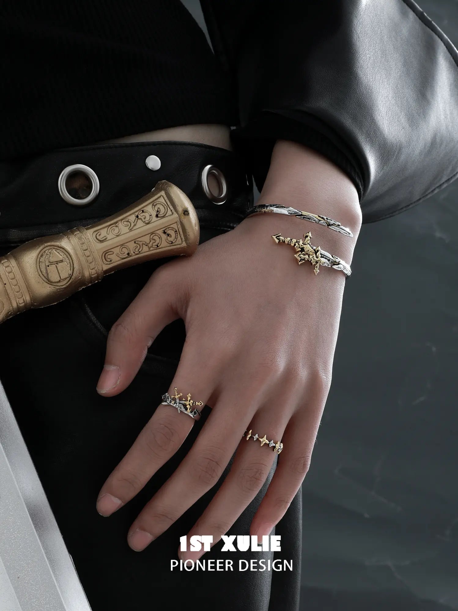 1ST XULIE Jewelry "Knight's Oath" Knight's Sword Adjustable Cuff Bracelet in 18K Gold Plated Brass - Angle View