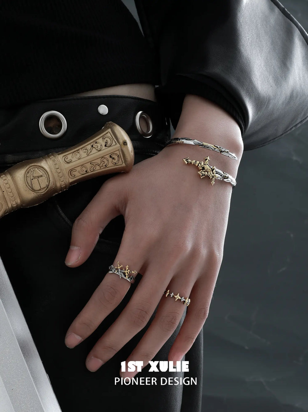 1ST XULIE Jewelry "Knight's Oath" Knight's Sword Adjustable Cuff Bracelet in 18K Gold Plated Brass - Angle View
