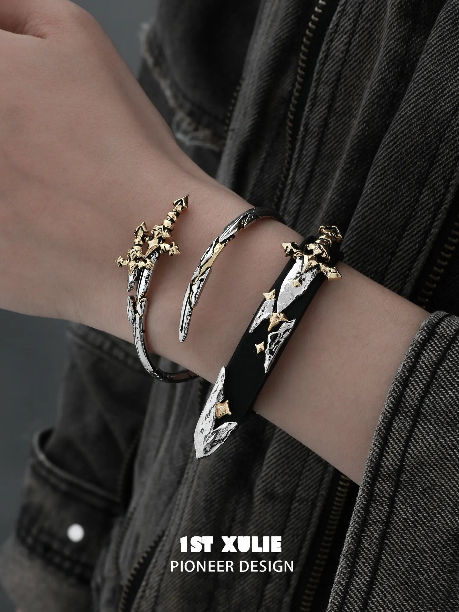 1ST XULIE Jewelry "Knight's Oath" Knight's Sword Adjustable Cuff Bracelet in 18K Gold Plated Brass - Detail Shot