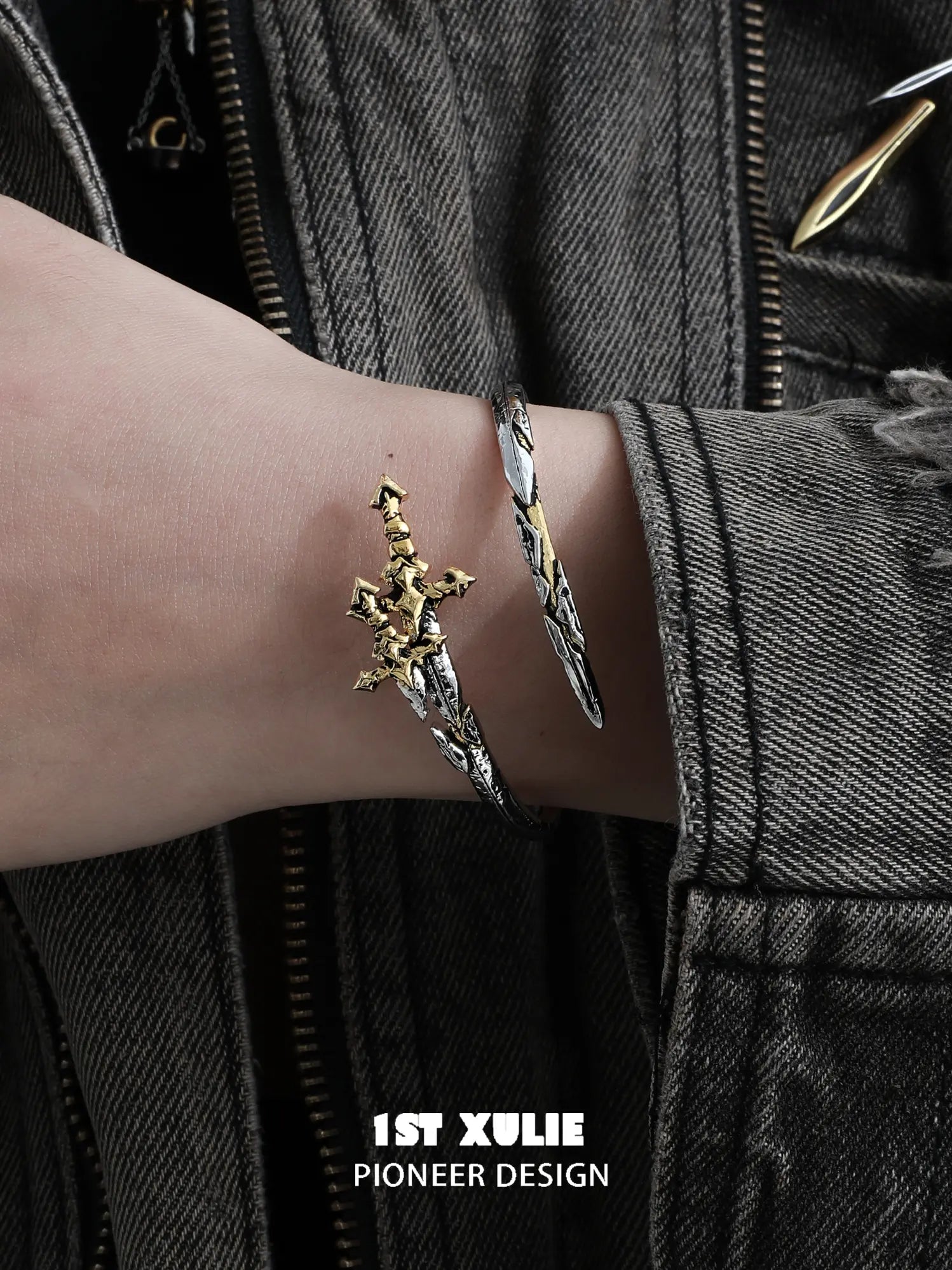 1ST XULIE Jewelry "Knight's Oath" Knight's Sword Adjustable Cuff Bracelet in 18K Gold Plated Brass - Product View