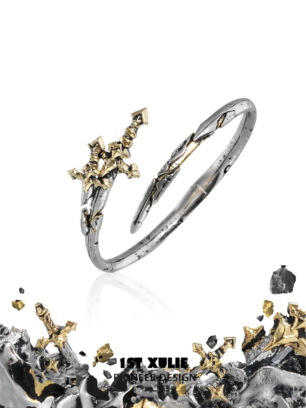 1ST XULIE Jewelry "Knight's Oath" Knight's Sword Adjustable Cuff Bracelet in 18K Gold Plated Brass - On Model