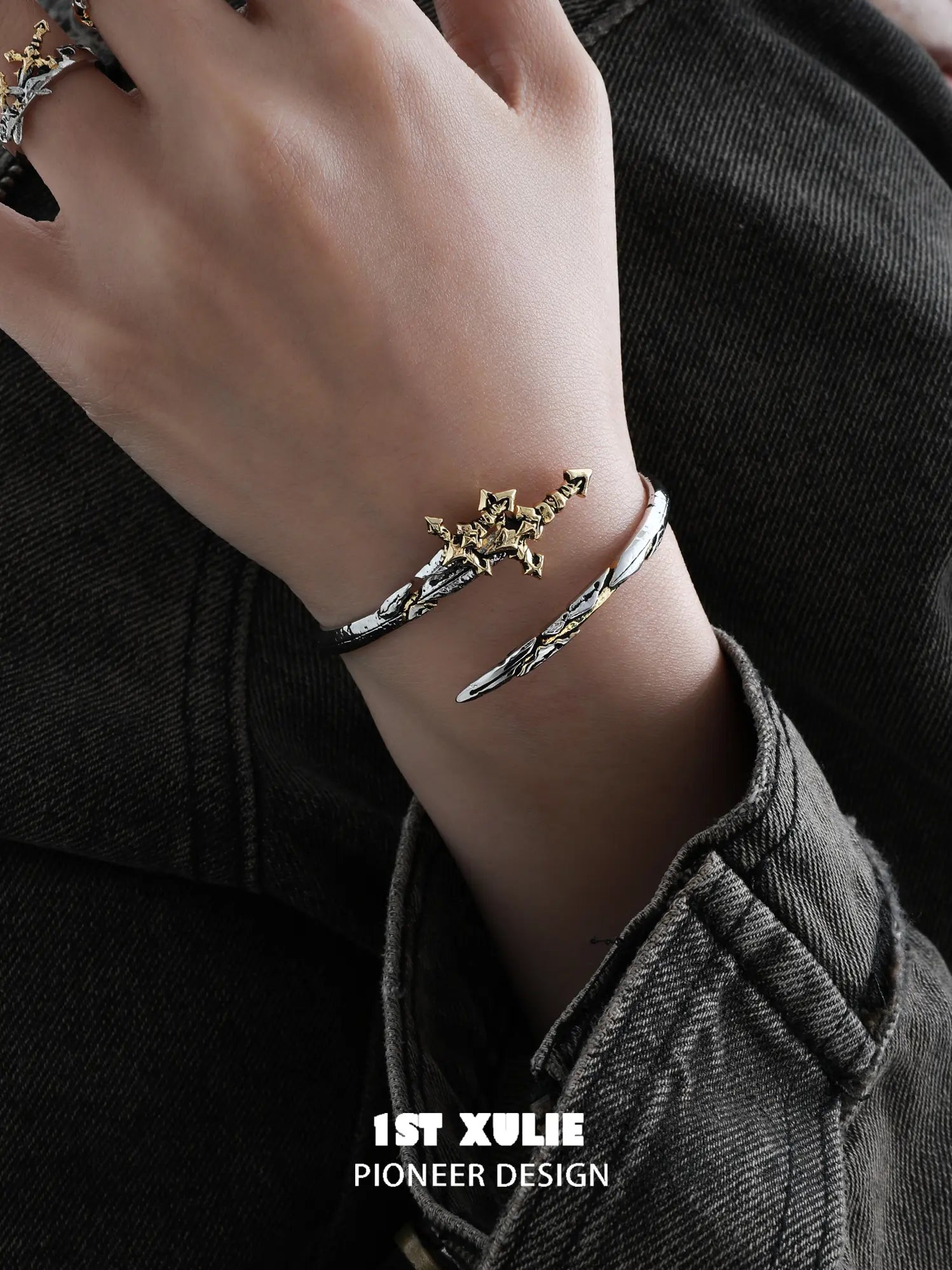 1ST XULIE Jewelry "Knight's Oath" Knight's Sword Adjustable Cuff Bracelet in 18K Gold Plated Brass - Side View