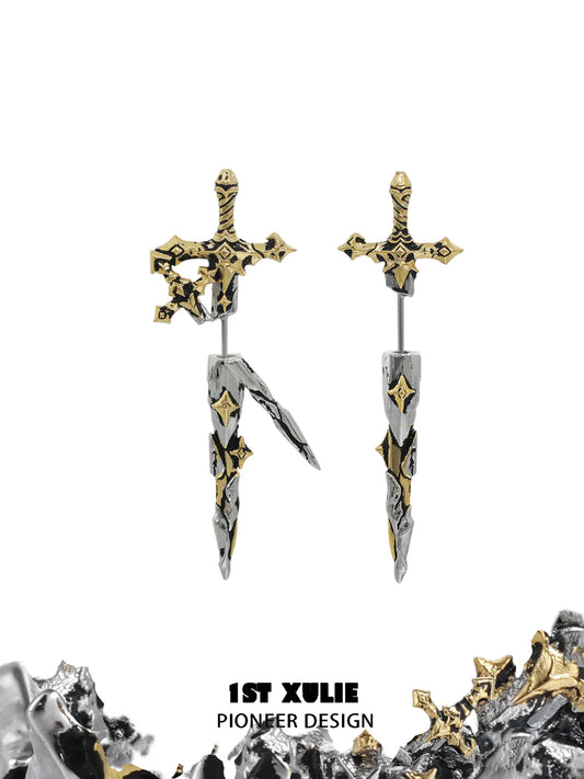 1ST XULIE Jewelry "Knight's Oath" Knight's Sword Antique Stud Earrings in 18K Gold Plated Brass - Angle 1
