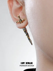 1ST XULIE Jewelry "Knight's Oath" Knight's Sword Antique Stud Earrings in 18K Gold Plated Brass - Angle 2